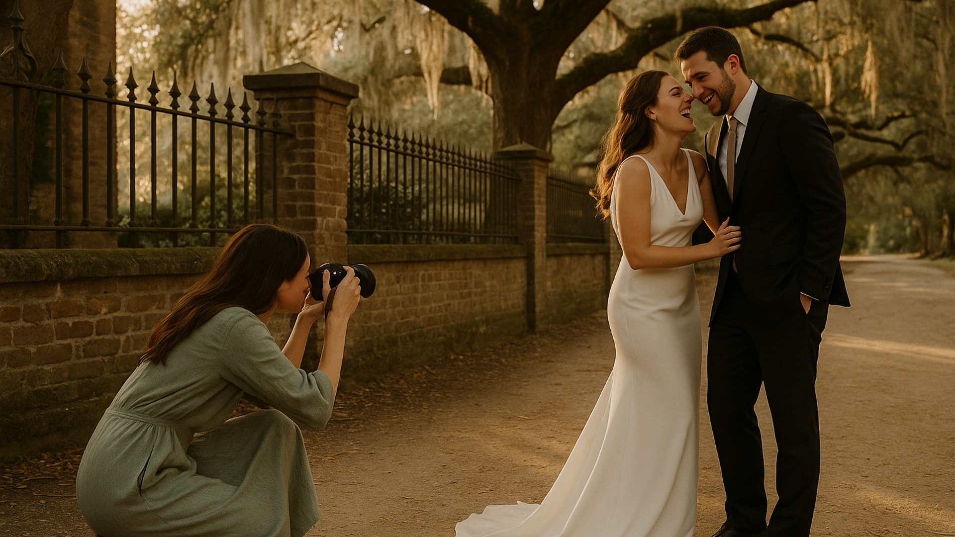 Lena Moreau photographing a couple during golden hour in Charleston