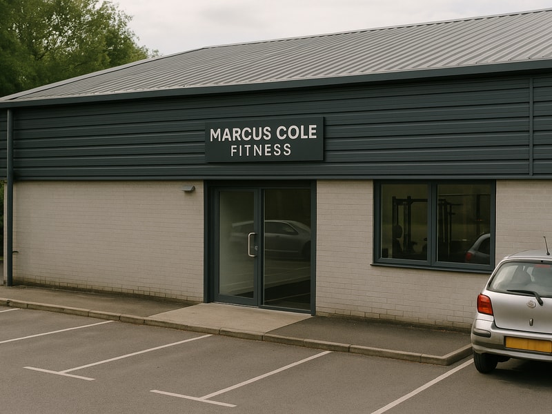 Exterior view of Marcus Cole Fitness industrial unit showing professional entrance and parking