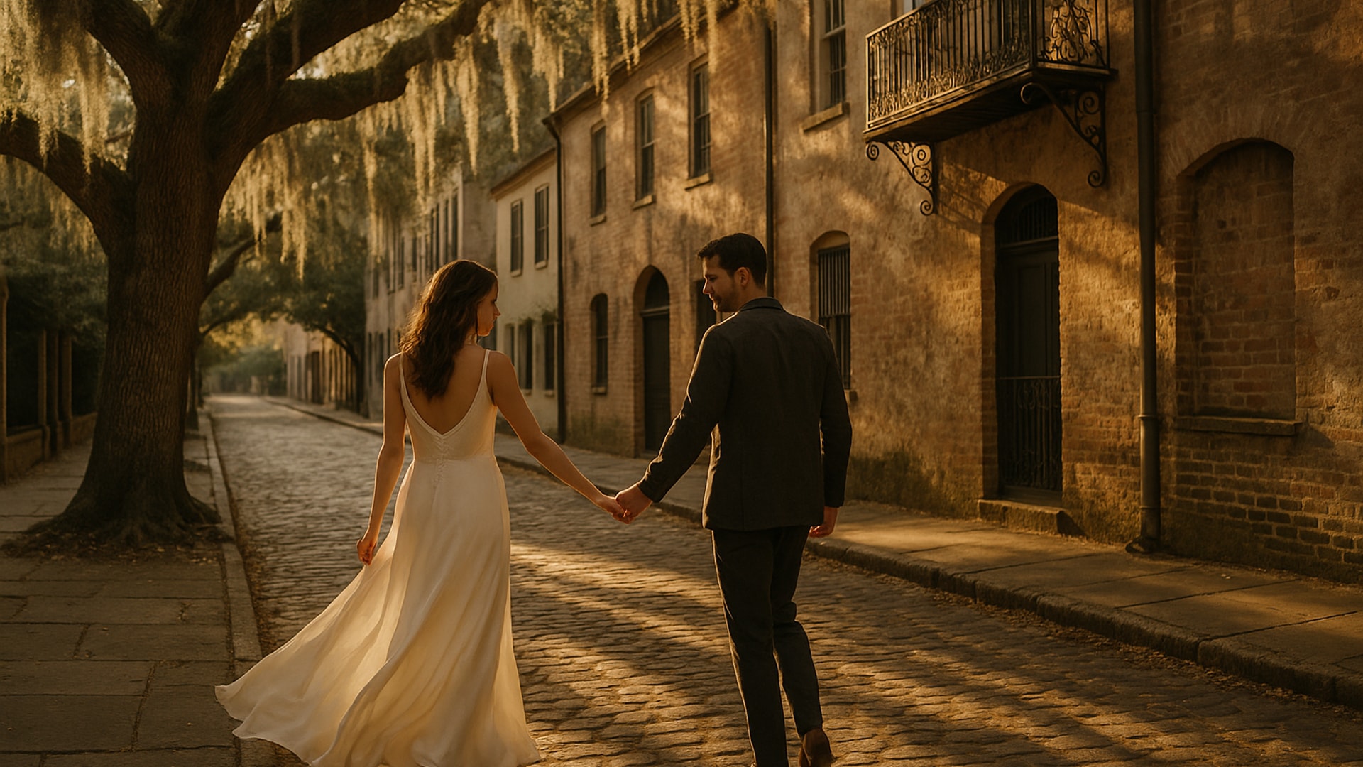Bride and groom walking through Charleston's historic cobblestone streets during golden hour