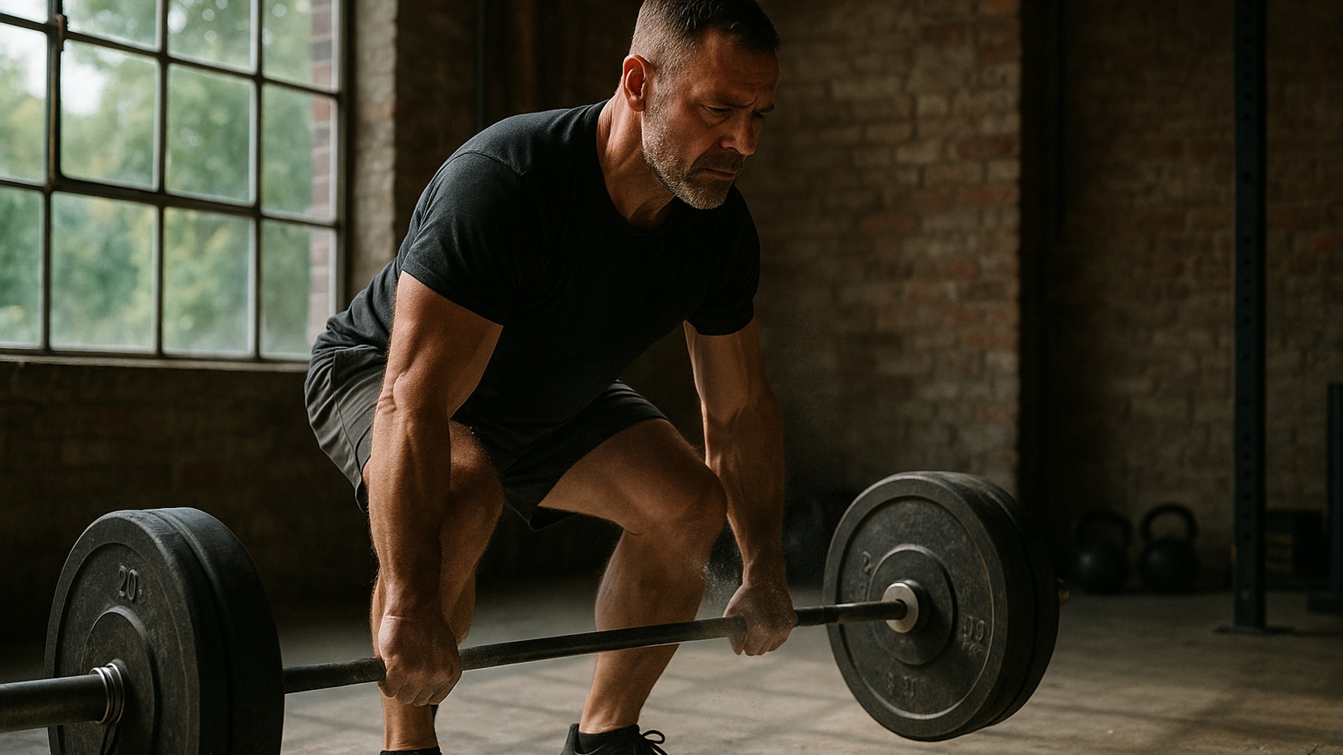 Marcus Cole performing a deadlift in his industrial studio with chalk dust visible in natural lighting