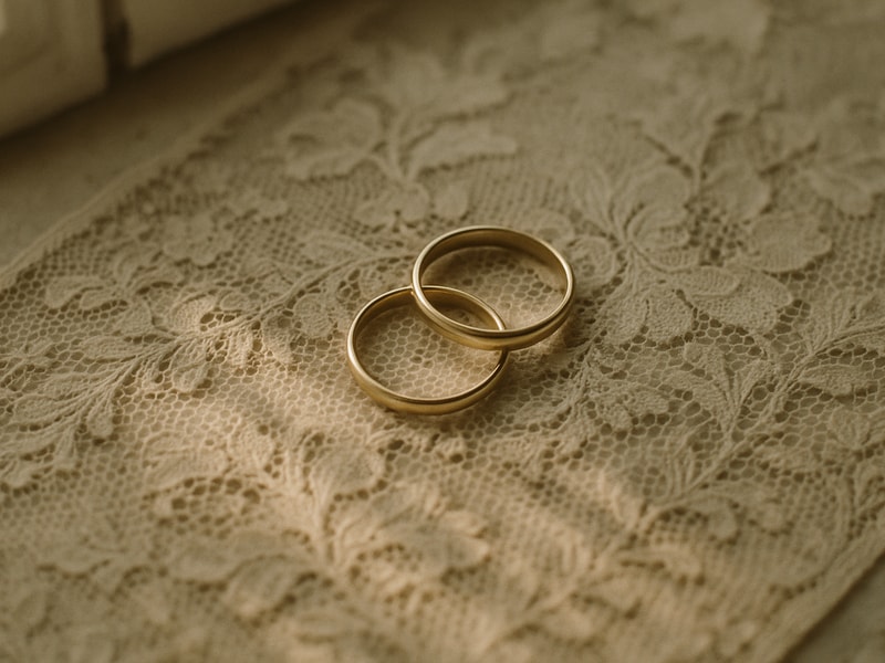 Wedding rings on vintage lace fabric in soft natural light