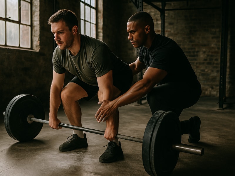 Marcus Cole coaching proper deadlift technique during a one-to-one training session